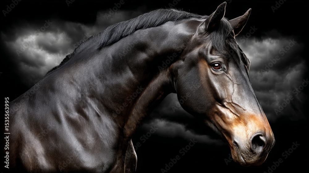Obraz premium Elegant black horse with a glossy coat against a dark, stormy sky background