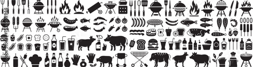 Barbecue and grilling icons BBQ horizontal set of high-quality black and white vector-style icons. The set includes various cooking utensils, spatulas, tongs, knives, and a grill