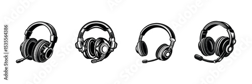 Gamer Headphones Clipart Bundle Vector Silhouettes of Headsets with Microphones Design Set Bundle 