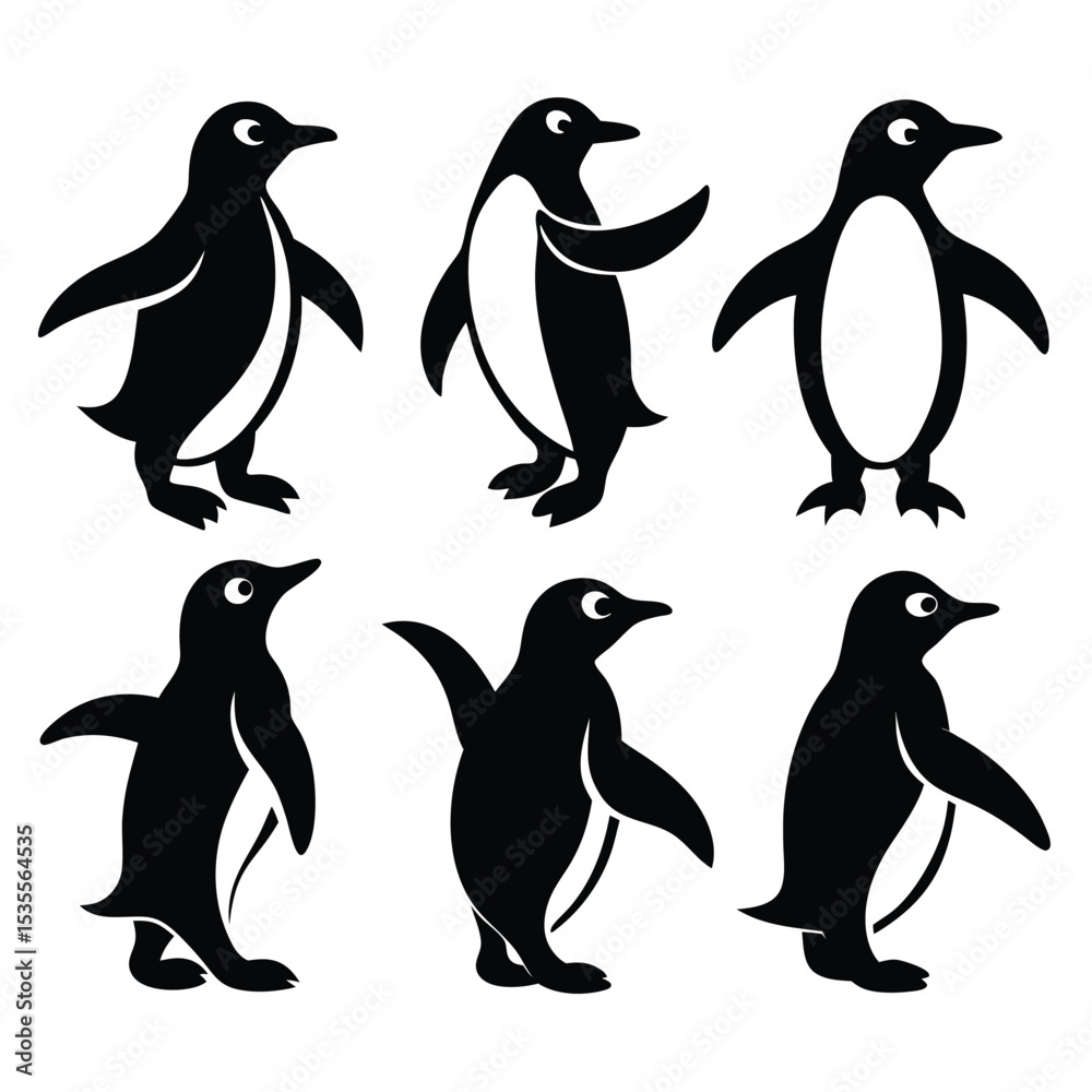 Naklejka premium A collection of cute and playful black and white penguin illustrations on white background