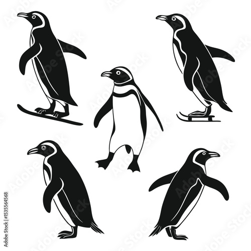 A collection of stylized black and white penguin silhouettes on a plain white background