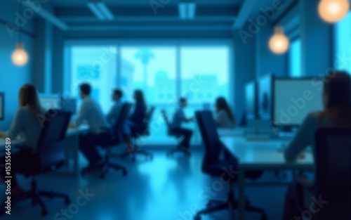 Office lights, chairs, and tables gently masked by blue tint and soft blur to suggest productivity and innovation. High quality