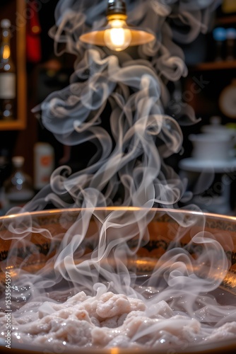 Mysterious Steam Rising: A captivating shot of ethereal steam gracefully swirling upwards from a copper pot. The image evokes a sense of intrigue and warmth, with the steam illuminated by soft.