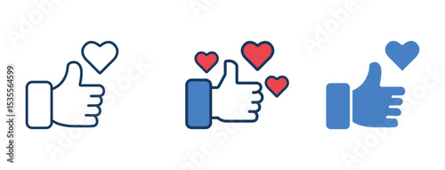 Social thumbs up icons, like, heart, support, flat, line, and filled vector set
