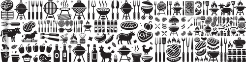 Barbecue and grilling icons BBQ horizontal set of high-quality black and white vector-style icons. The set includes various cooking utensils, spatulas, tongs, knives, and a grill