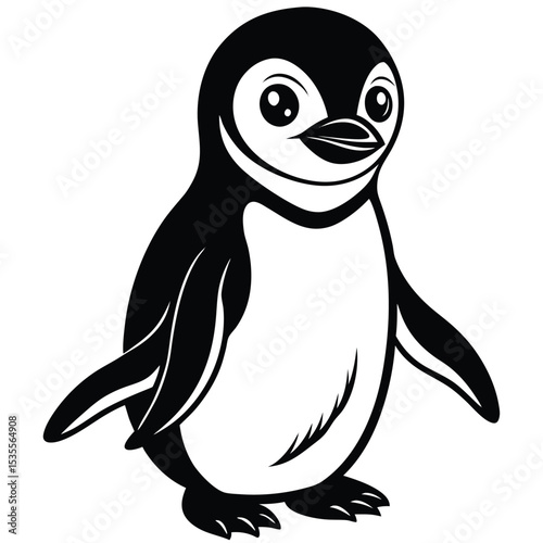 Adorable black and white cartoon penguin smiling and standing on a white background