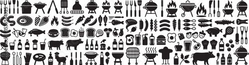 Barbecue and grilling icons BBQ horizontal set of high-quality black and white vector-style icons. The set includes various cooking utensils, spatulas, tongs, knives, and a grill
