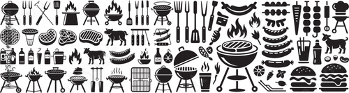 Barbecue and grilling icons BBQ horizontal set of high-quality black and white vector-style icons. The set includes various cooking utensils, spatulas, tongs, knives, and a grill