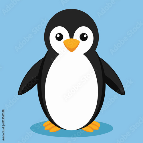 Adorable flat vector illustration of a playful penguin standing on a blue background