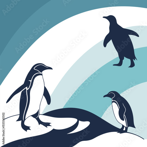 Artistic vector illustration featuring three adorable penguins on a snow covered abstract background.
