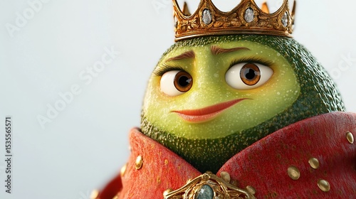 Animated avocado wearing a crown and regal robes