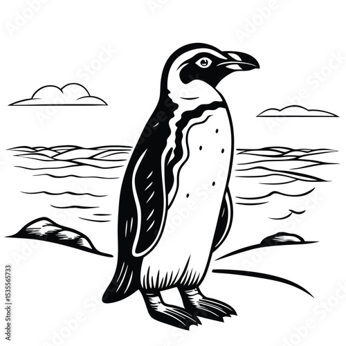 Black and white illustration of a standing penguin depicting nature and coastal scene