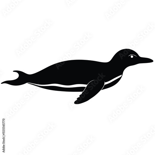 Black and white illustration of a swimming penguin isolated on a white background.