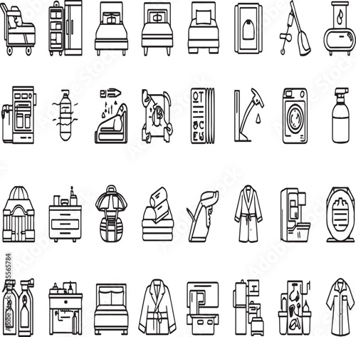 Hotel Room Cleaning and Hospitality Line Icon Set