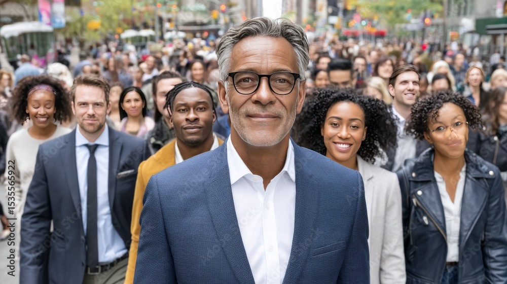 Confident mature man in glasses leading a diverse group of people outdoors in an urban setting Confident mature man in glasses leading a diverse group of people outdoors in an urban setting