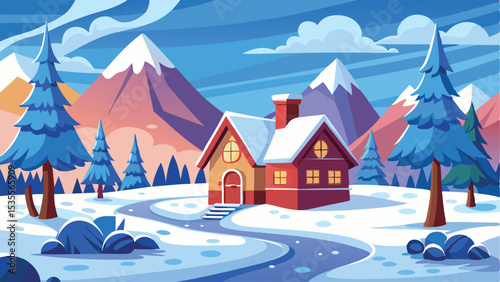 Cartoon Snowy Winter Scene with House, Mountains, Trees, and Blue Sky Landscape