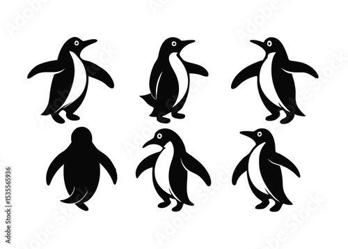 Black and white penguin silhouettes in various poses on a white background illustration