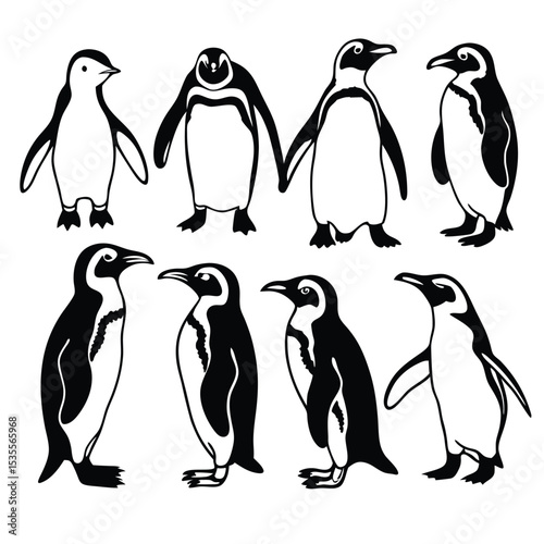 Black and white penguin silhouettes representing different poses and stances on white background