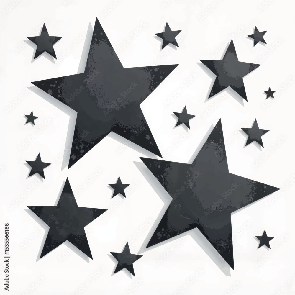 Obraz premium Black paper stars scattered on white background, festive decoration
