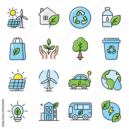 ecofriendly icons for renewable energy and sustainability. Suitable for environmental presentations, websites, and educational materials on green initiatives.