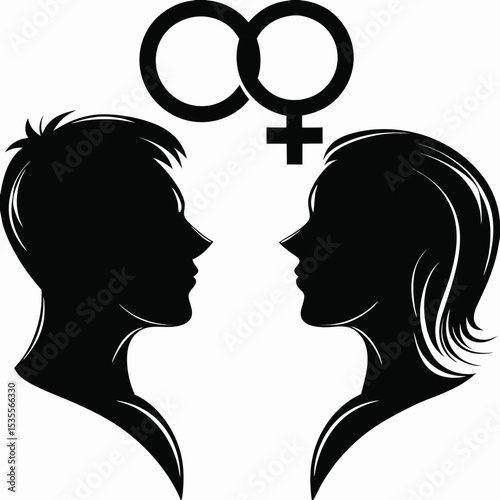 Silhouettes of a man and woman facing each other with gender symbols above their heads in black created with generated ai