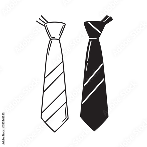 Vector illustration depicting two elegant men's neckties one in a black and white silhouette for design and fashion concepts.