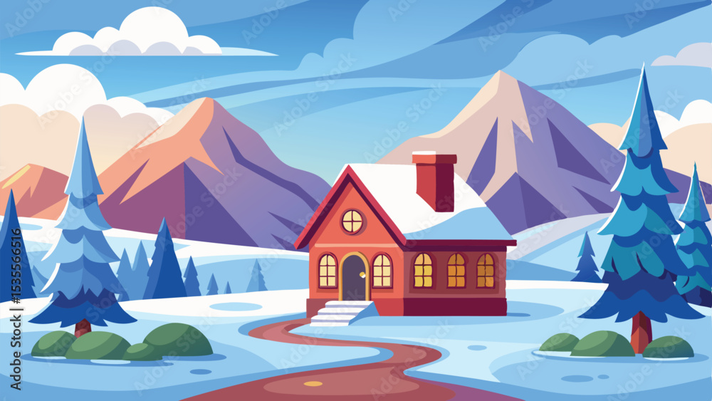 Naklejka premium Cozy Red House with Snowy Roof in a Mountain Landscape Vector Illustration