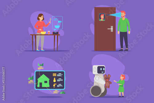 Diverse arrangement with various robotic interactions, including cooking assistance, greeting at door, home management, and playful engagement with children