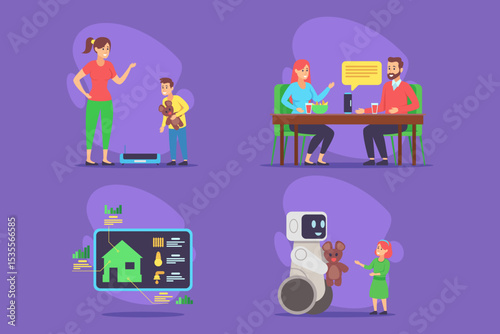 In colorful setting, collection of various robotic themes. Child with toy robot, adults discussing technology, and robot aiding girl