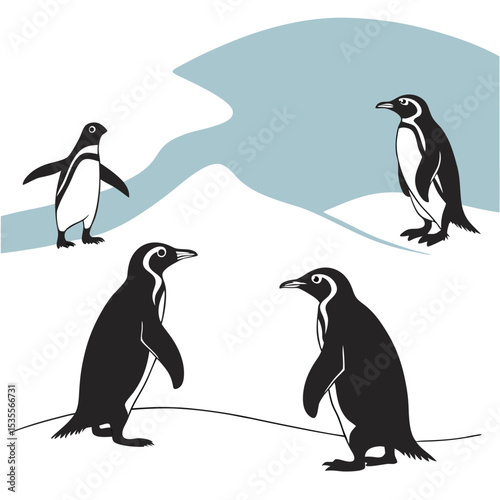 Black and white vector illustration of playful penguins in a snowy antarctic landscape