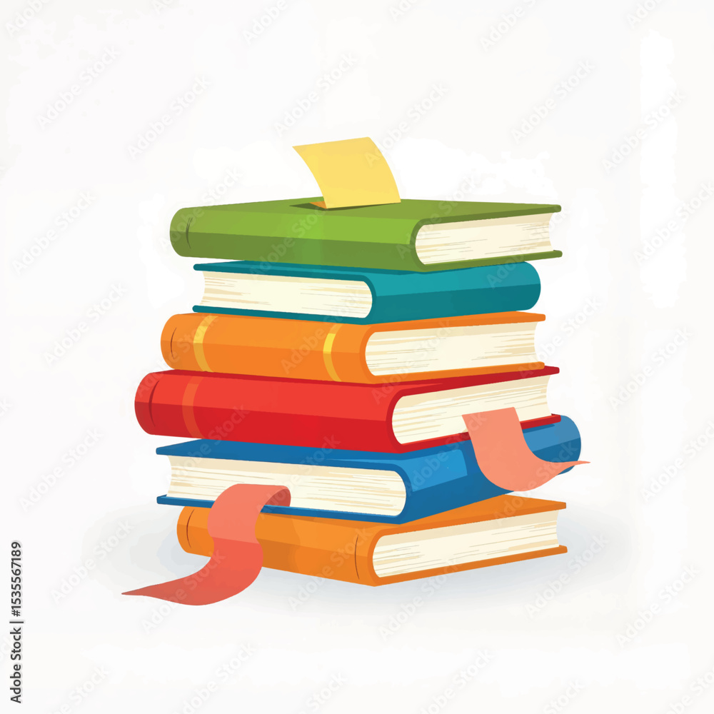 Colorful stack of textbooks with sticky notes on white background, organized study concept