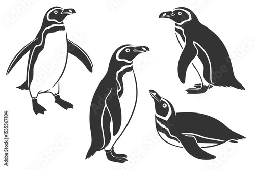 Collection of simple black and white penguin silhouettes depicting various poses and movements