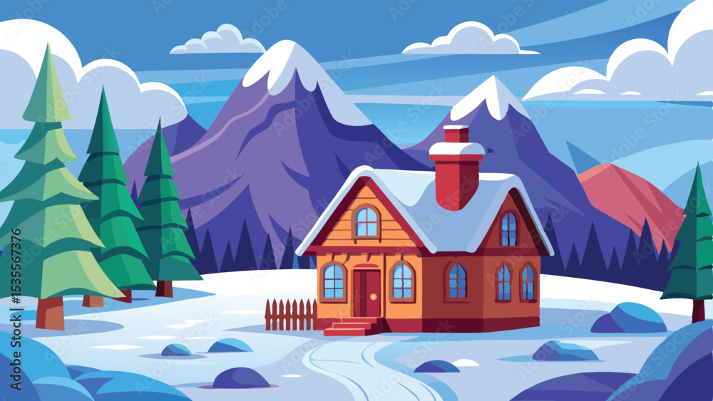 Naklejka premium Cartoon Winter Landscape Illustration with Cozy Cottage, SnowCapped Mountains, and Evergreen Trees