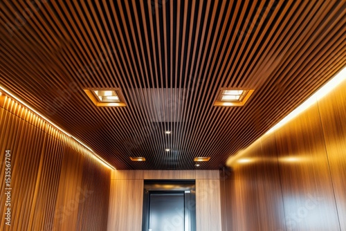 Modern wooden elevator interior with recessed lighting