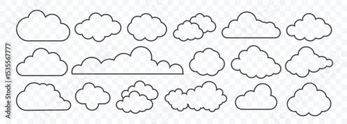 Set of Thin Line Cloud Icons. Different shape cartoon clouds on transparent background. Cute fluffy, bubbly clouds collection. Cloud shapes vary, offering diverse cloud designs. Vector illustration.