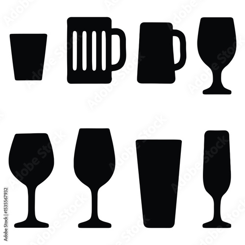 Eight drinkware silhouettes isolated on white background