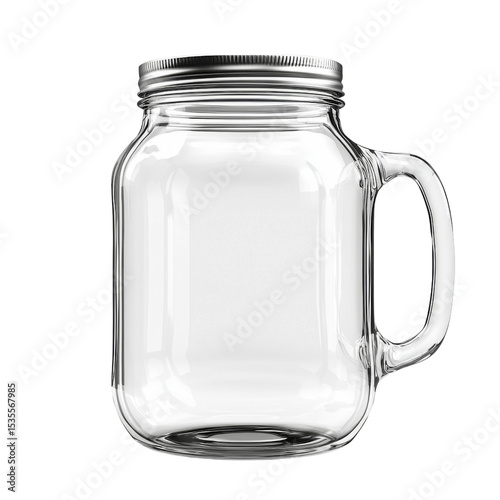 Clear glass mason jar with handle and metal lid, perfect for beverages or storage. Ideal for home decor or kitchen use, showcasing simple and functional design