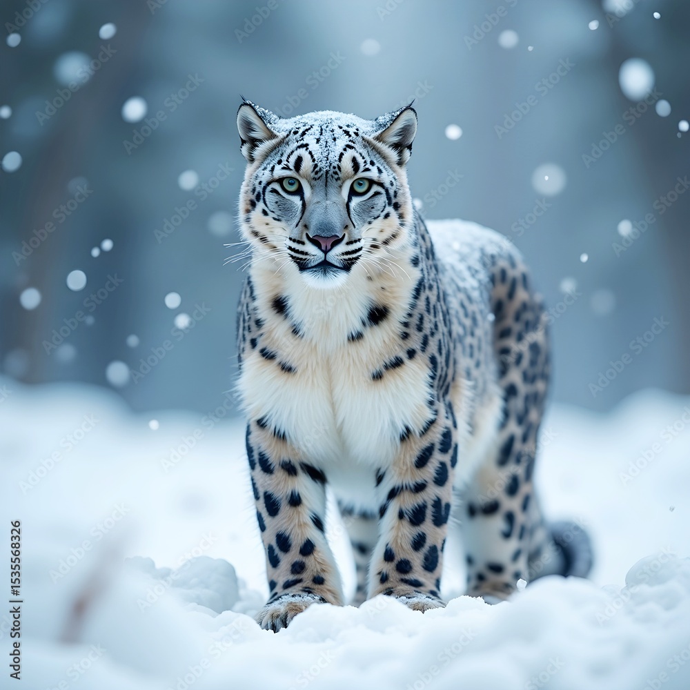 Obraz premium A regal snow leopard standing still in a serene winter scene, with delicate blues and whites.