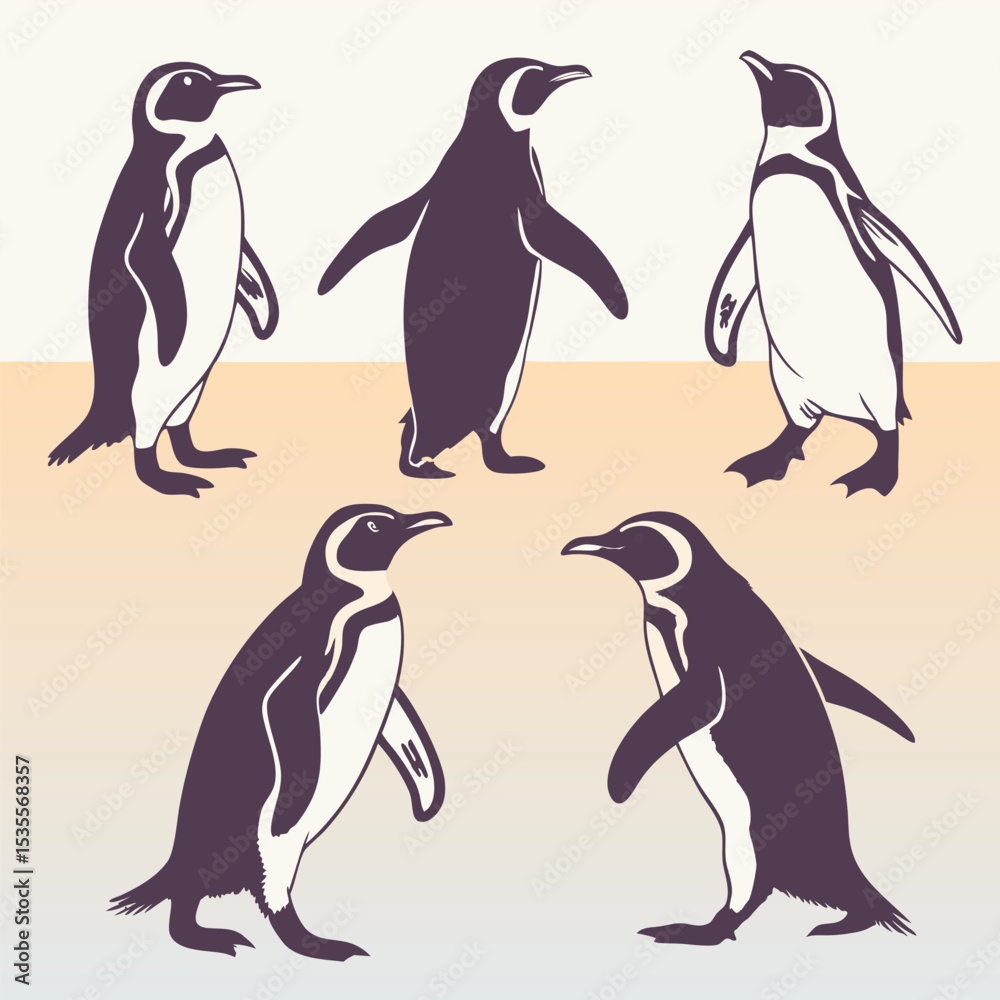 Fototapeta premium Five silhouette penguins in various poses on a warm toned background for design elements