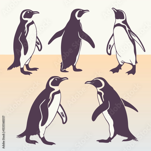Five silhouette penguins in various poses on a warm toned background for design elements