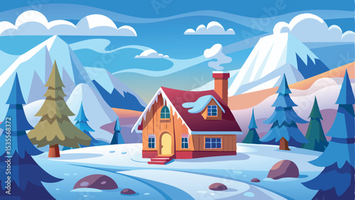 Cozy Winter Cabin Scene with Snowy Mountains, Trees, and Blue Sky Landscape