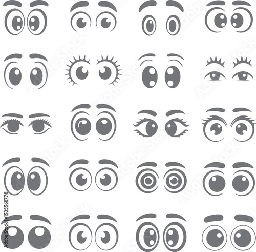 Collection of Gray Cartoon Eyes Silhouettes Various Expressions Eyebrows Set of Different Eye Shapes and Styles for Animation Design
