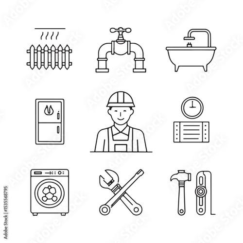 Heating and plumbing outline icon collection. Technician, pipeline, water heater, faucet, gauge, lavatory, radiant floor, gas spanner, and more. Linear vector symbol set. Pictogram assortment.