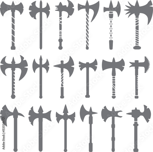 Collection of Grey Axe Silhouettes Various Designs Medieval Fantasy Weaponry Game Icons Set