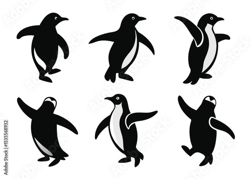 Playful collection of black and white penguin illustrations depicting different poses