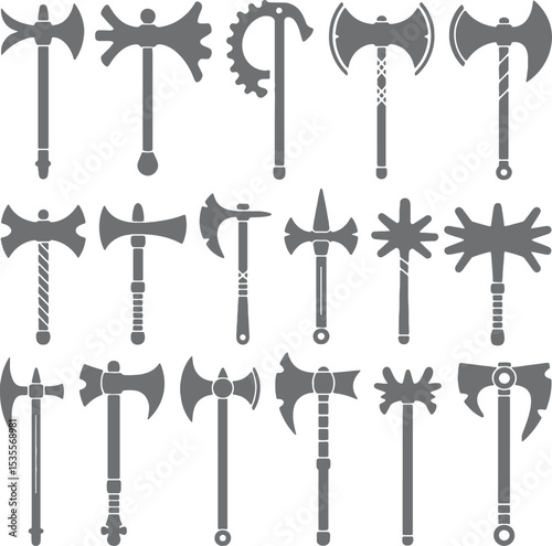 Collection of Grey Axe Silhouettes Various Designs Medieval Weaponry Game Icons Battle Symbols