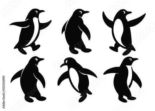 Set of six playful penguin silhouettes in various poses for design and decoration
