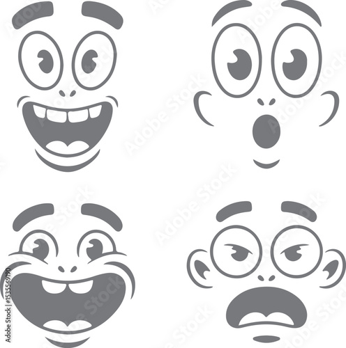 Four Gray Cartoon Faces Showing Different Expressions Joy Surprise Fear and Disgust Simple Silhouette Style Vector Illustration