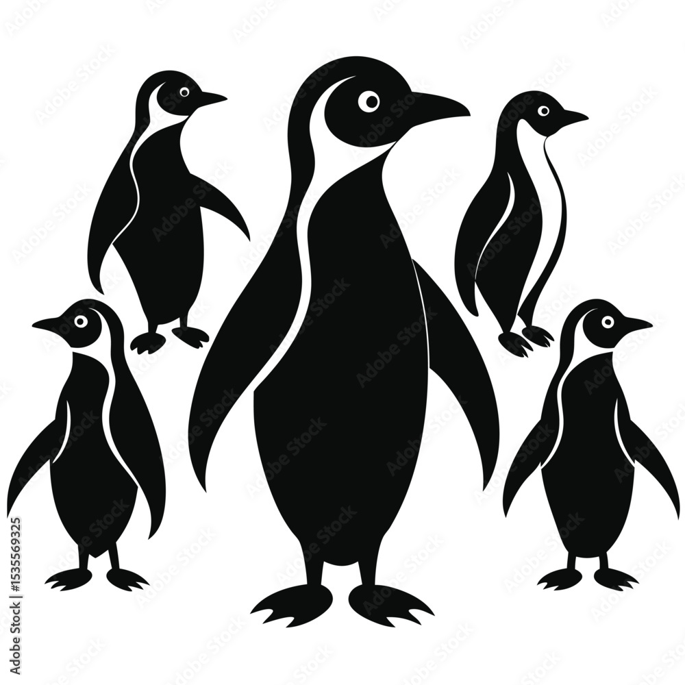 Naklejka premium Silhouette collection of five black and white penguins in various poses and positions