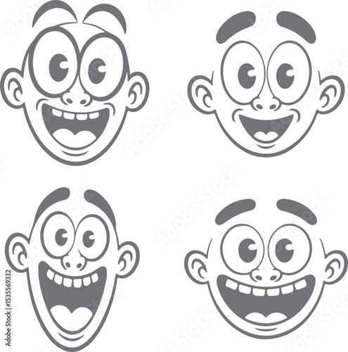 Four Gray Cartoon Silhouettes of Happy Smiling Faces with Wide Open Mouths and Big Eyes Illustrative Vector Style Set